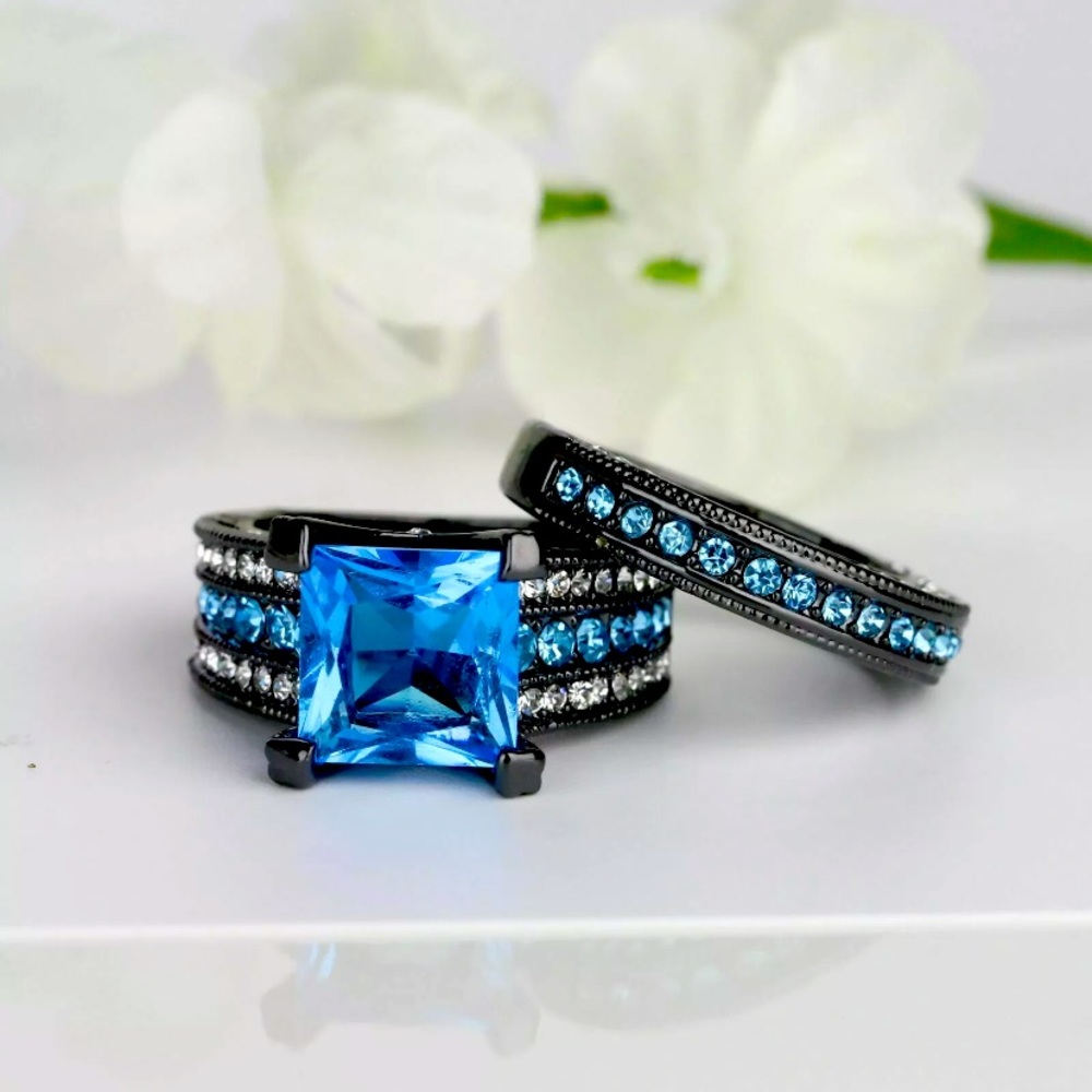 💍 2pc Princess Cut Square Blue CZ Black
Gold Wedding Engagement Ring Set 💍